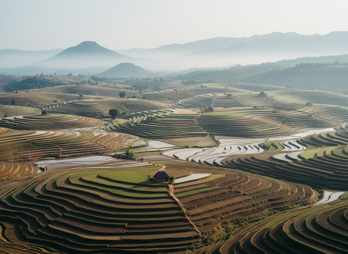 Terraced agricultural fields in the Madagascar highlands at dawn